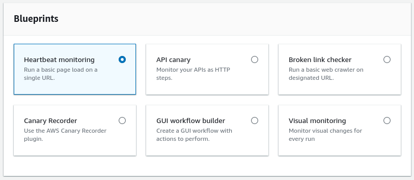 CloudWatch Synthetics blueprint interface