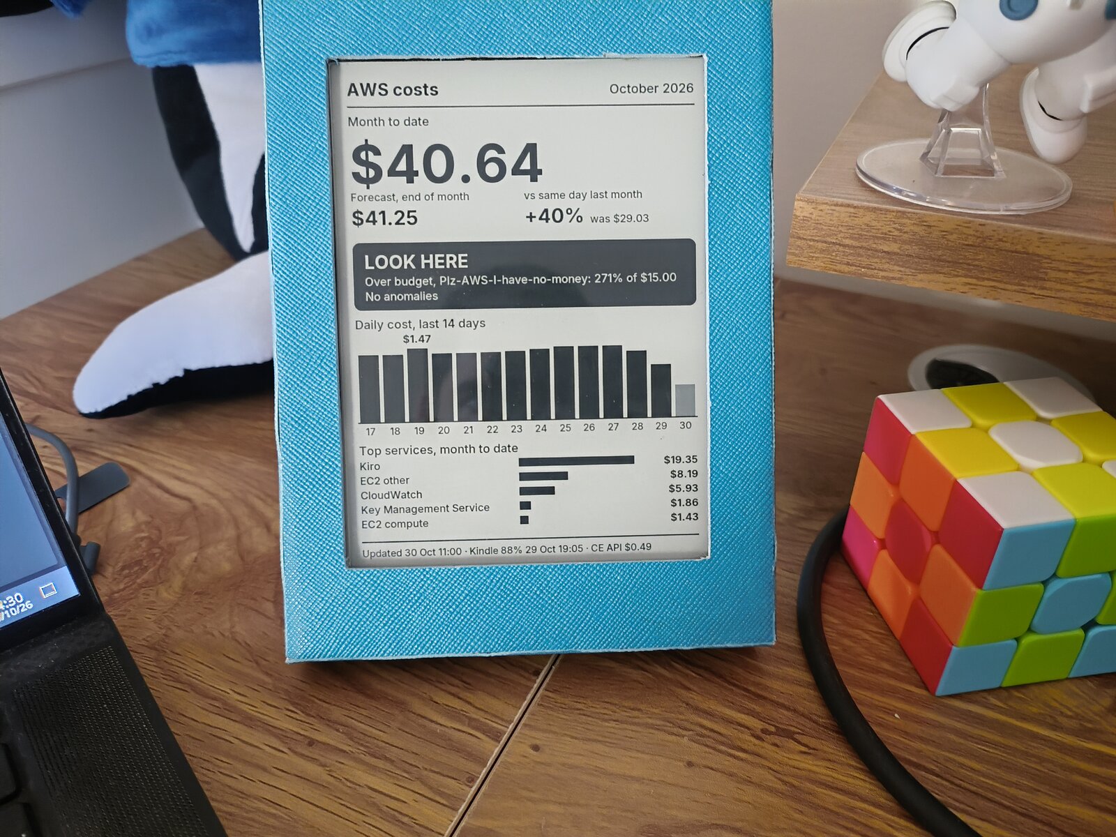 The Kindle Paperwhite 3 in a blue frame on my desk, showing the AWS cost dashboard with real data